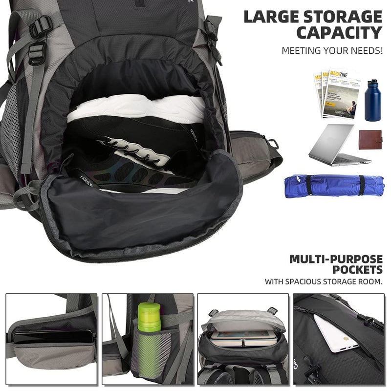 King'sGuard 70L Hiking Backpack Large Lightweight Waterproof Camping Backpack Travel Backpacking Backpack Daypack with Rain Cover -Frameless (Black) - Image 4